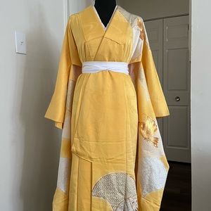Gold and Yellow Furisode Kimono, Vintage Silk